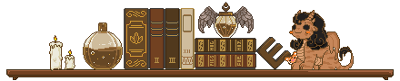 Pixeled shelf with various trinkets on top